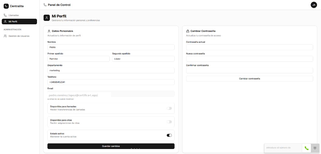 Panel de configuración de usuario de Centralita IA con disponibilidad y datos personales